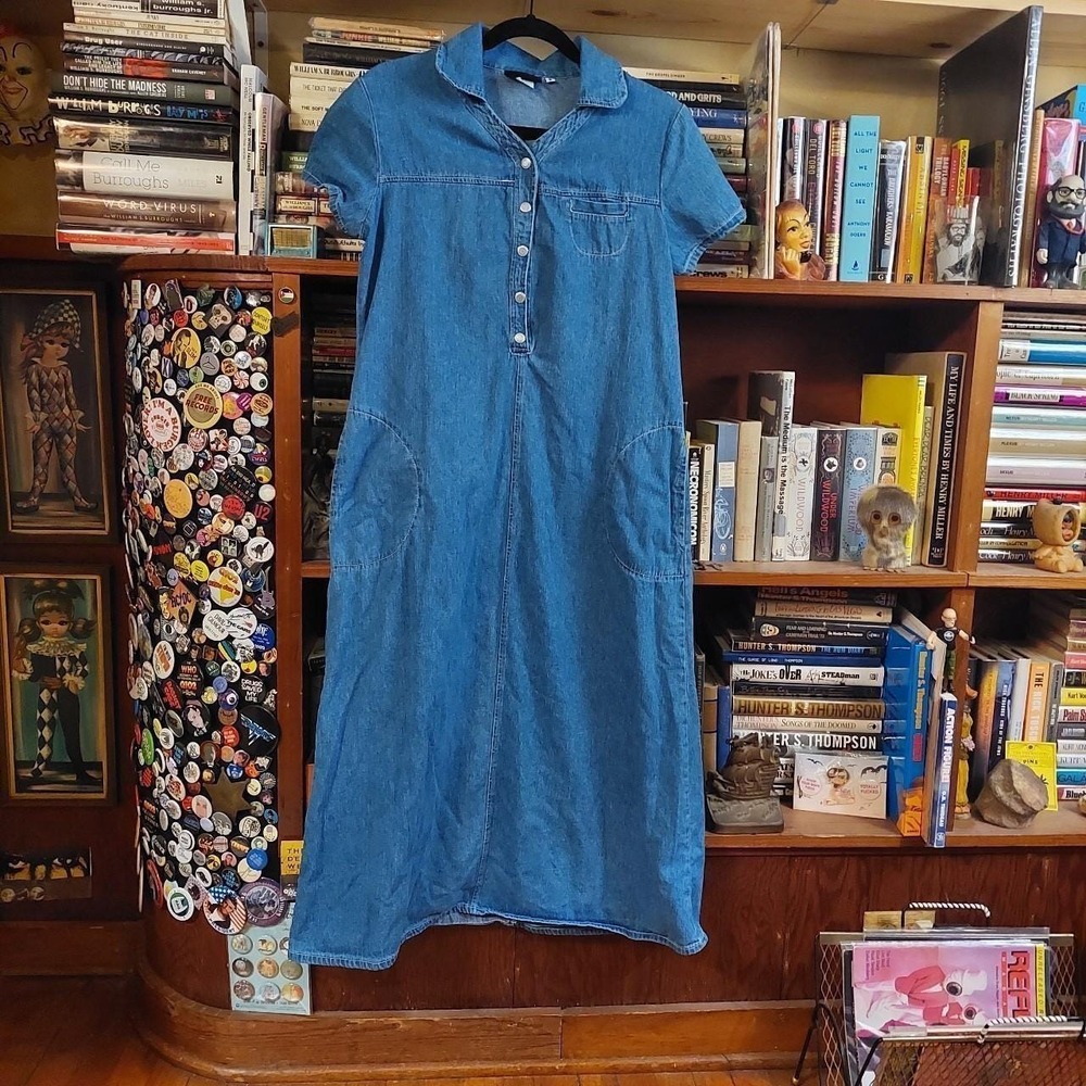 Vintage Faded Glory 90s Denim Maxi Dress Short Sleeve Blue Small Floor Length